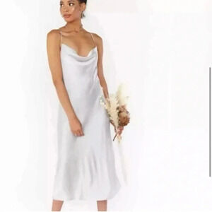 NWT Show Me Your Mumu Veronica Cowl Dress Silver Lux Satin Size Medium